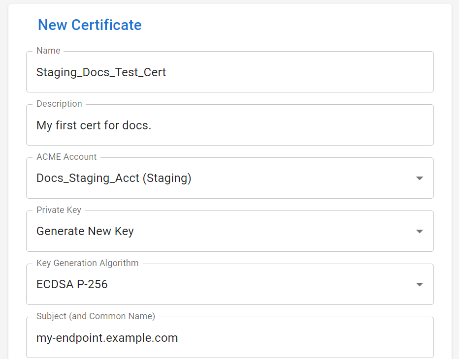New Staging Certificate