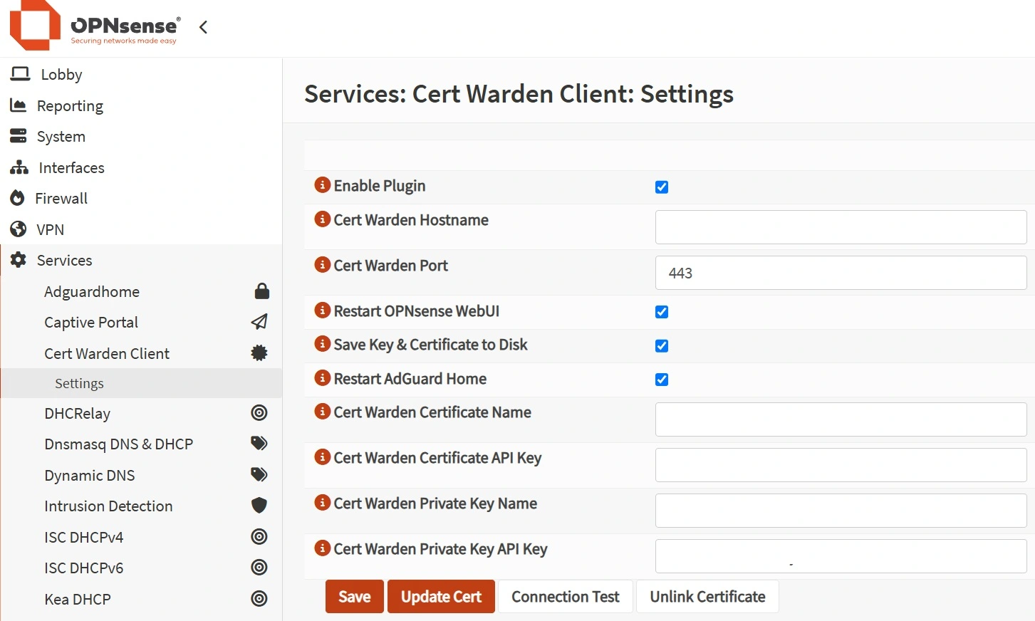 Cert Warden Client OPNsense Plugin Settings Page